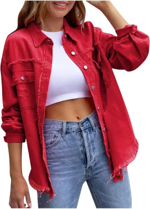 Womens Causal Oversized Soft Lightweight Distressed Jean Jacket Ripped Fringe Long Sleeve Denim Jacket Shacket