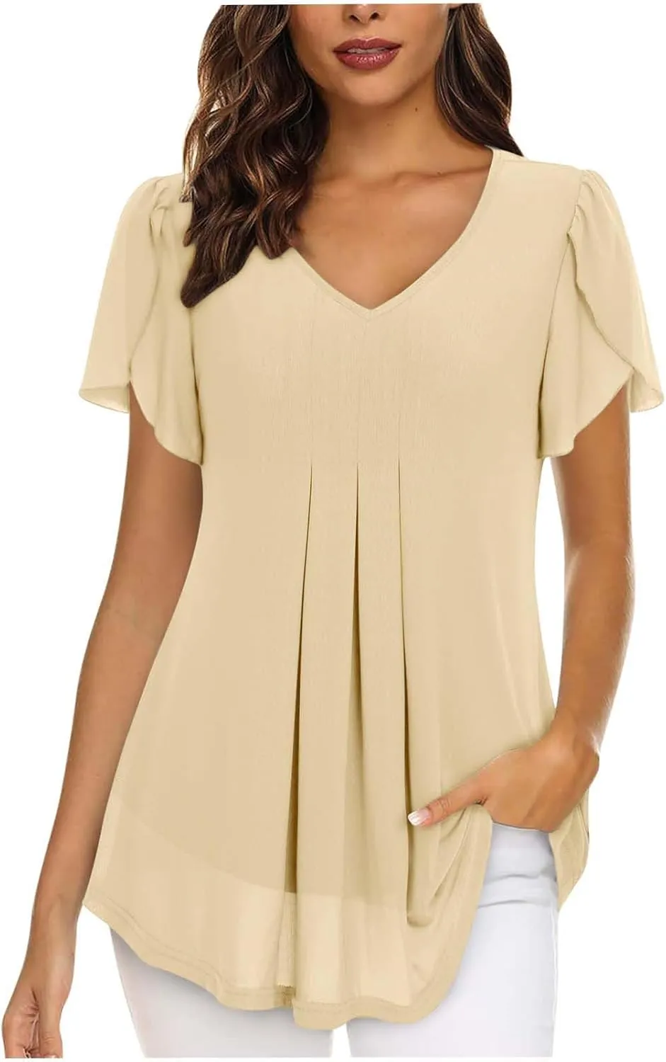 Womens Chiffon Blouse V Neck Double Layer Elastic Mesh Summer Casual Flowy Work Shirts Short Sleeve Dressy Tunic Tops