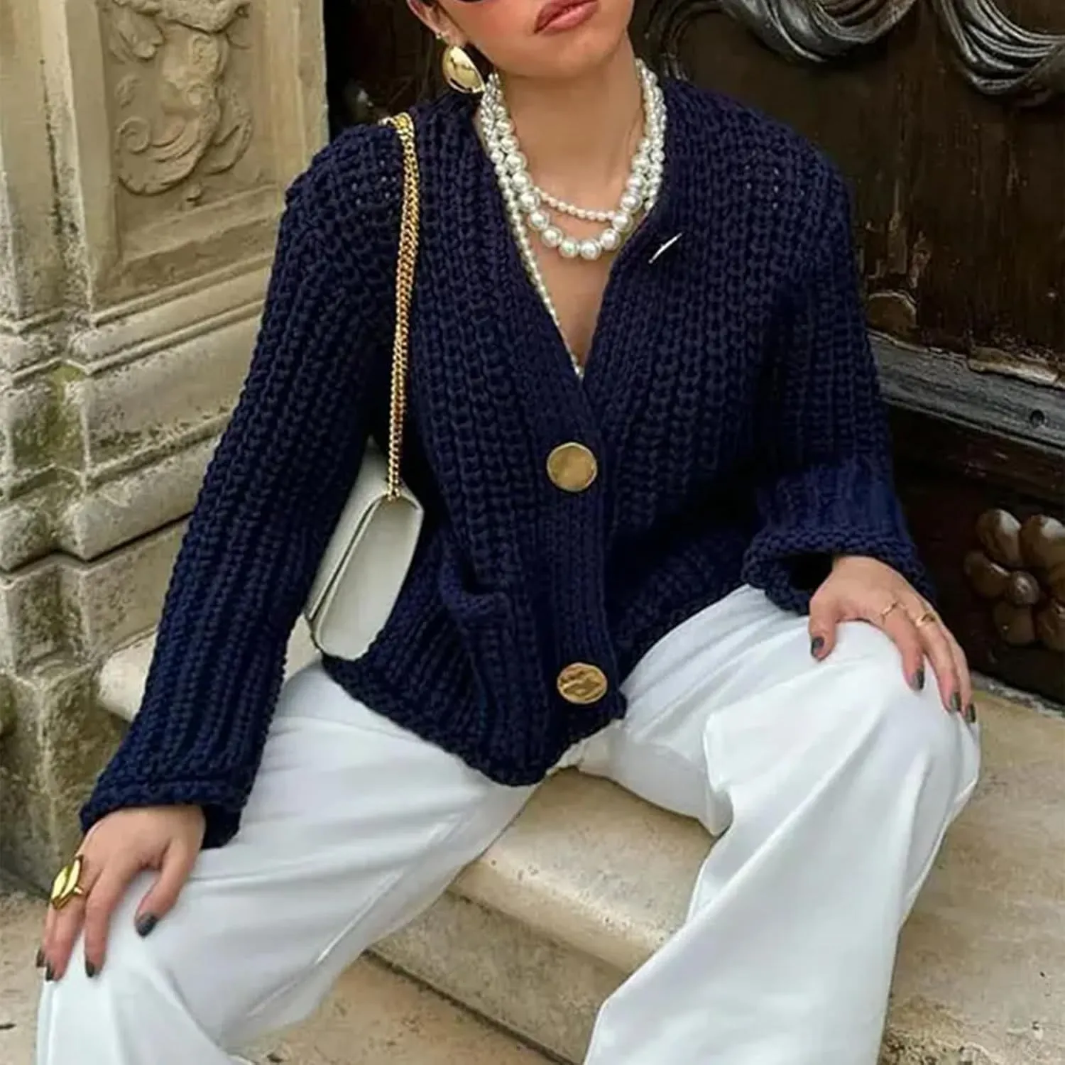 Womens Chunky Knit Cardigan Button Down Open Front Long Sleep Crop Crochet Sweater Solid Pocketed Knitted Outwear