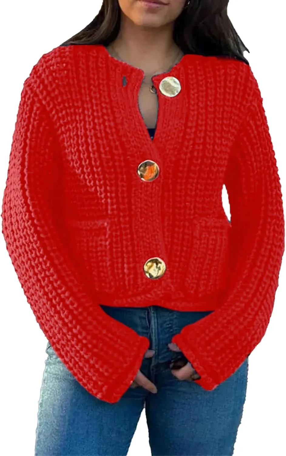 Womens Chunky Knit Cardigan Button Down Open Front Long Sleep Crop Crochet Sweater Solid Pocketed Knitted Outwear