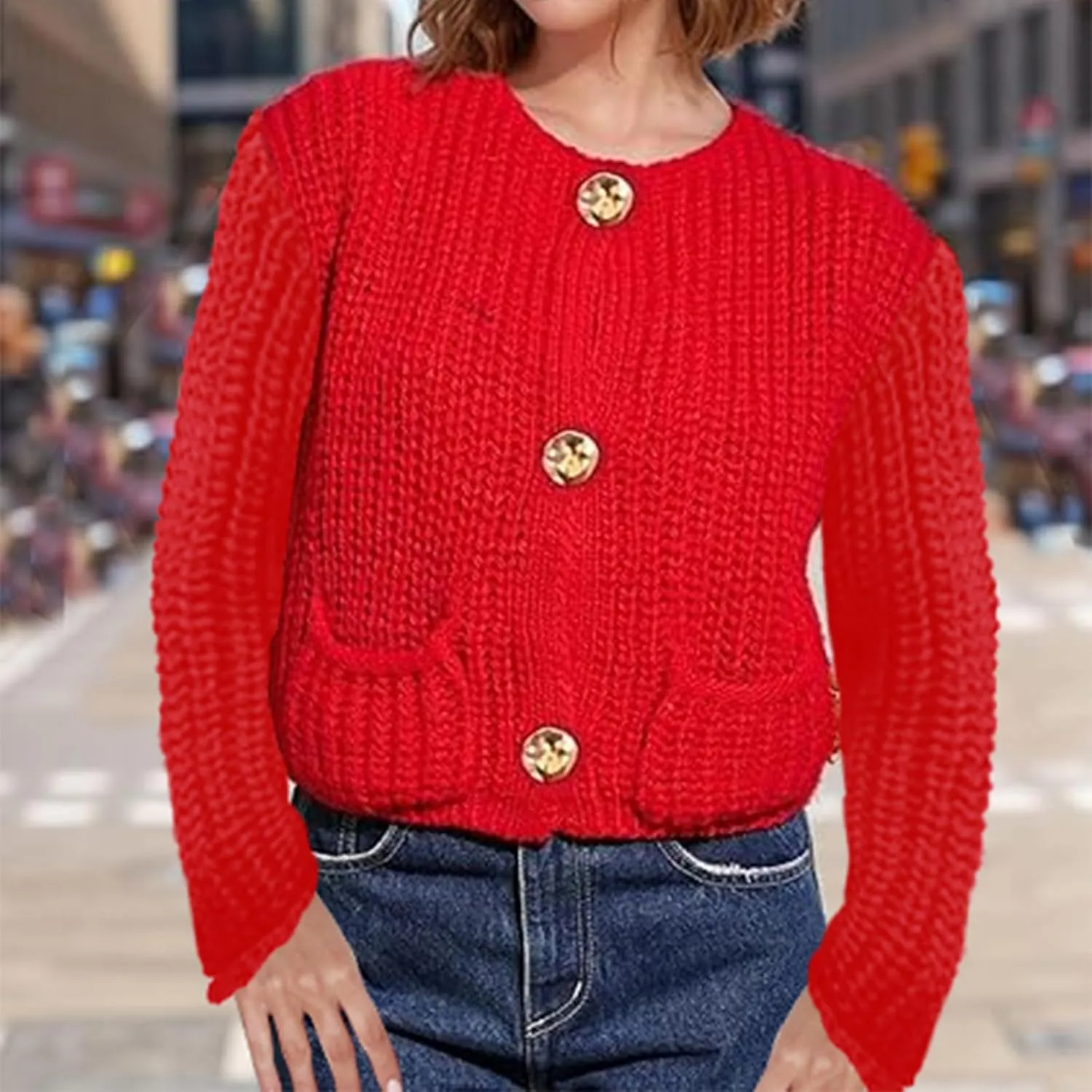 Womens Chunky Knit Cardigan Button Down Open Front Long Sleep Crop Crochet Sweater Solid Pocketed Knitted Outwear