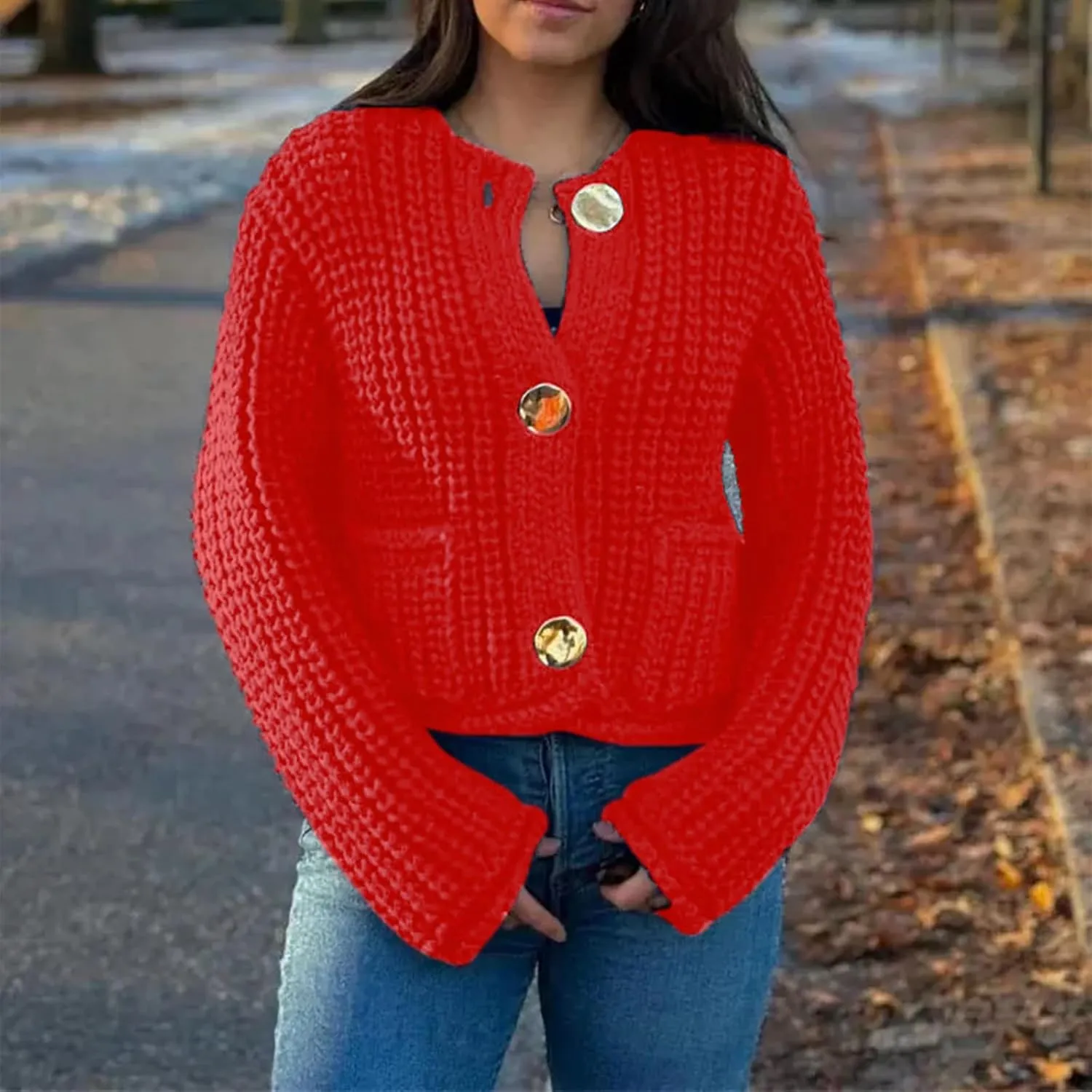 Womens Chunky Knit Cardigan Button Down Open Front Long Sleep Crop Crochet Sweater Solid Pocketed Knitted Outwear
