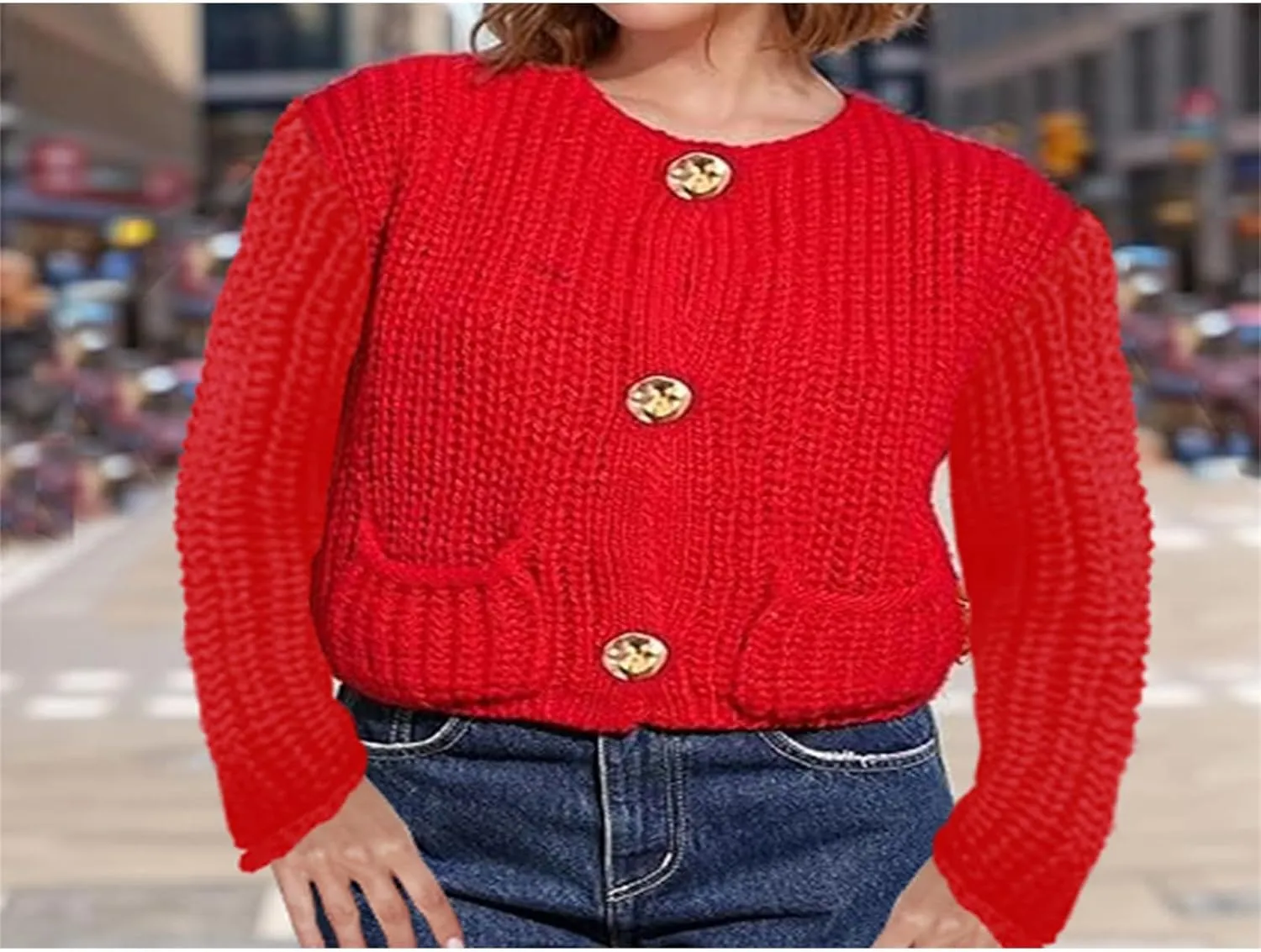 Womens Chunky Knit Cardigan Button Down Open Front Long Sleep Crop Crochet Sweater Solid Pocketed Knitted Outwear