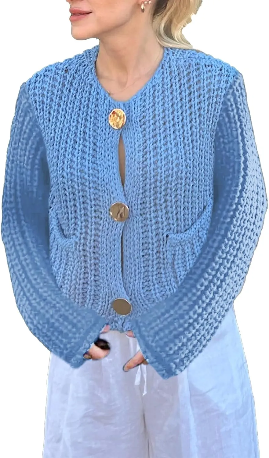 Womens Chunky Knit Cardigan Button Down Open Front Long Sleep Crop Crochet Sweater Solid Pocketed Knitted Outwear