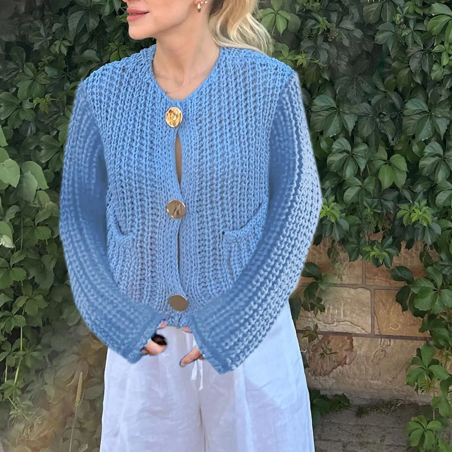 Womens Chunky Knit Cardigan Button Down Open Front Long Sleep Crop Crochet Sweater Solid Pocketed Knitted Outwear
