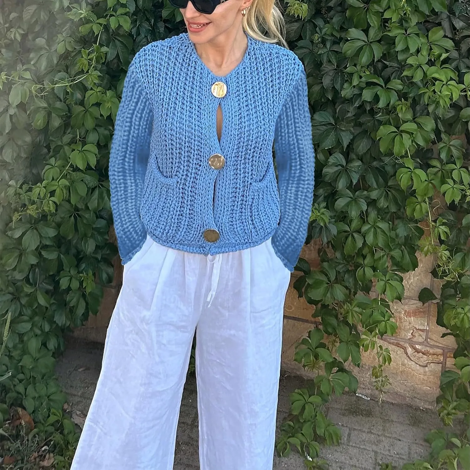 Womens Chunky Knit Cardigan Button Down Open Front Long Sleep Crop Crochet Sweater Solid Pocketed Knitted Outwear