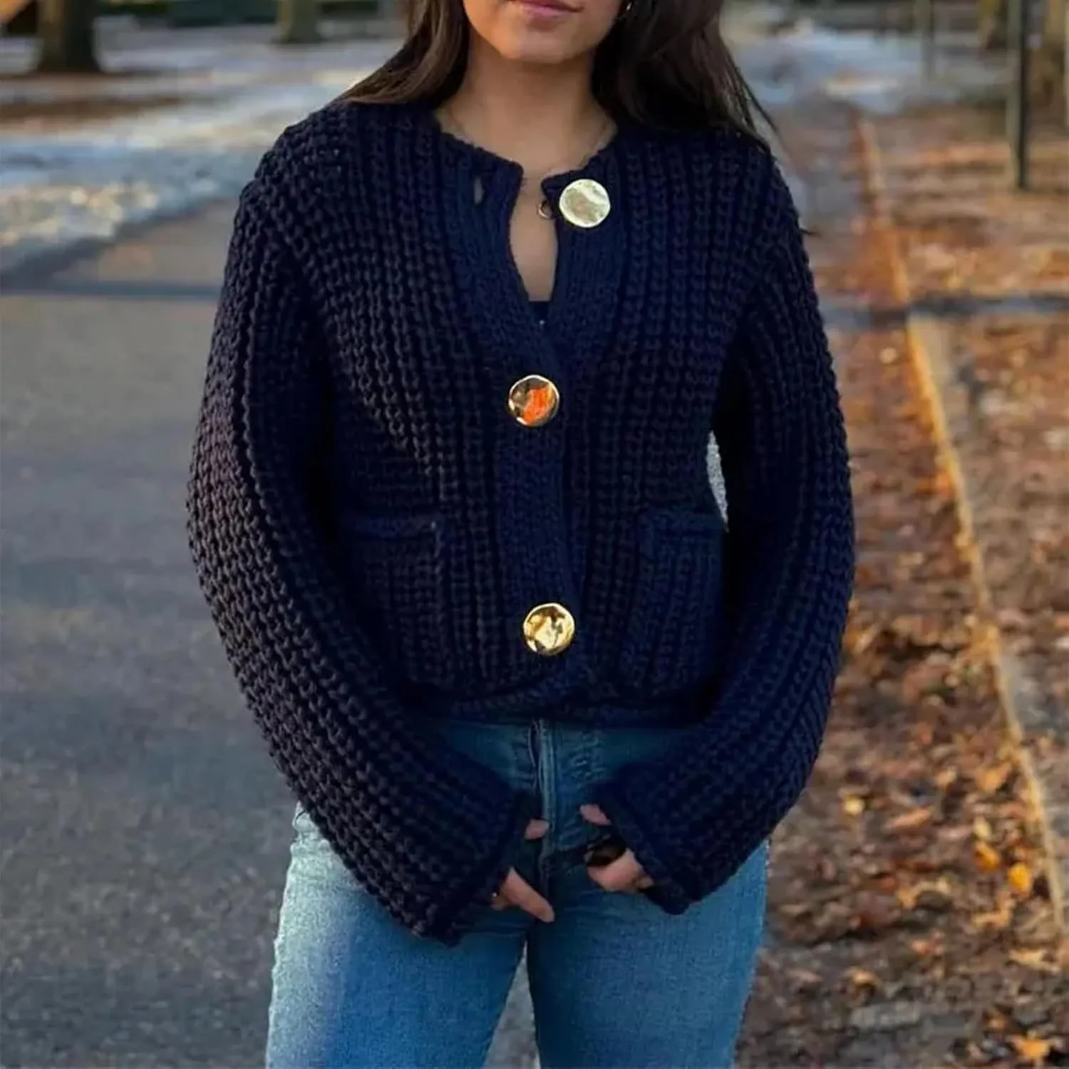 Womens Chunky Knit Cardigan Button Down Open Front Long Sleep Crop Crochet Sweater Solid Pocketed Knitted Outwear