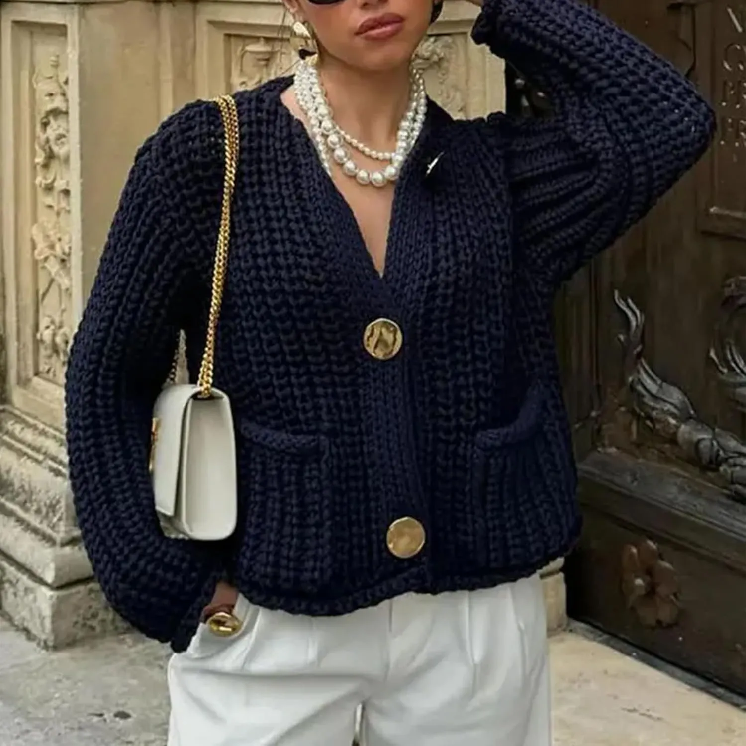 Womens Chunky Knit Cardigan Button Down Open Front Long Sleep Crop Crochet Sweater Solid Pocketed Knitted Outwear