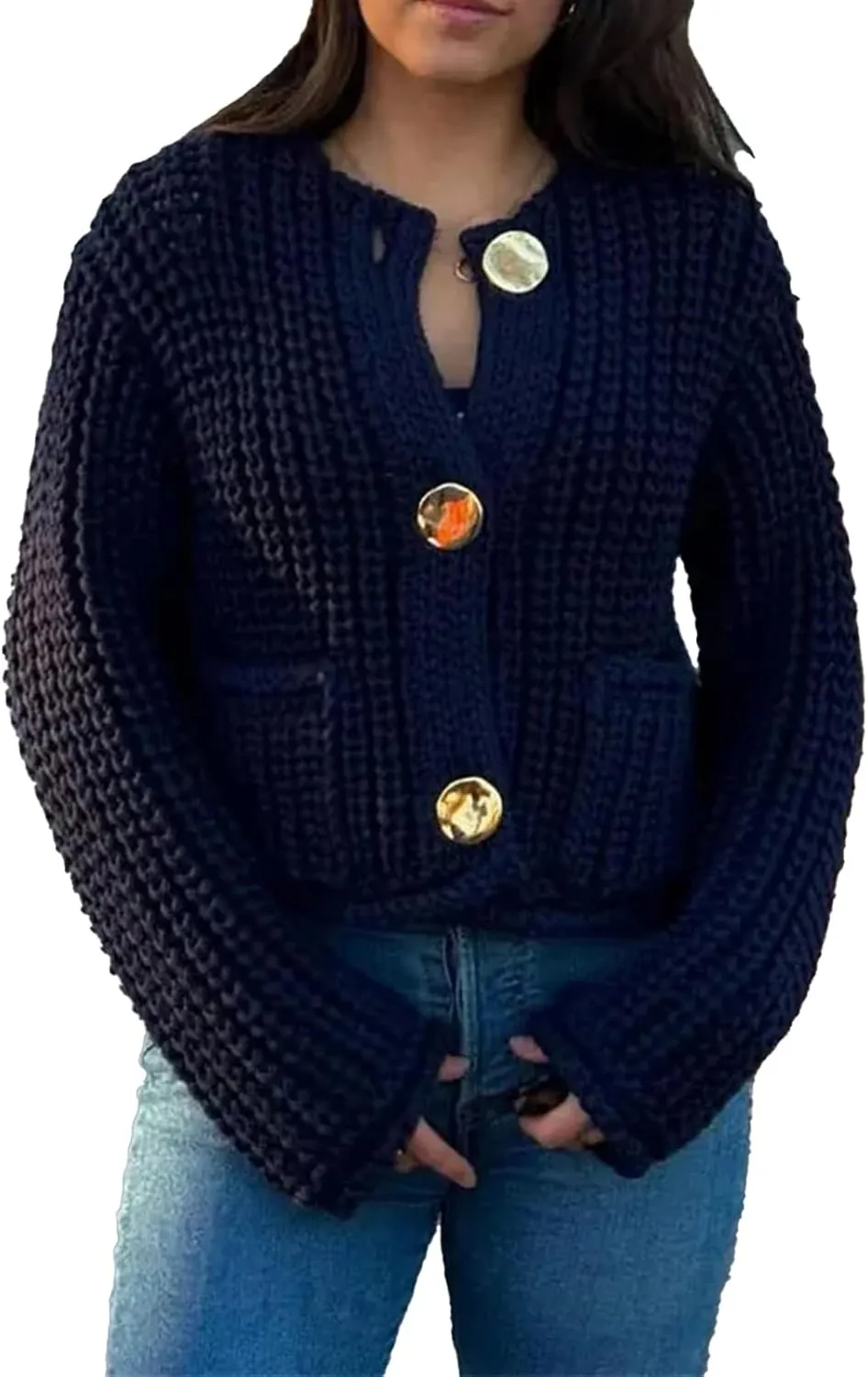 Womens Chunky Knit Cardigan Button Down Open Front Long Sleep Crop Crochet Sweater Solid Pocketed Knitted Outwear