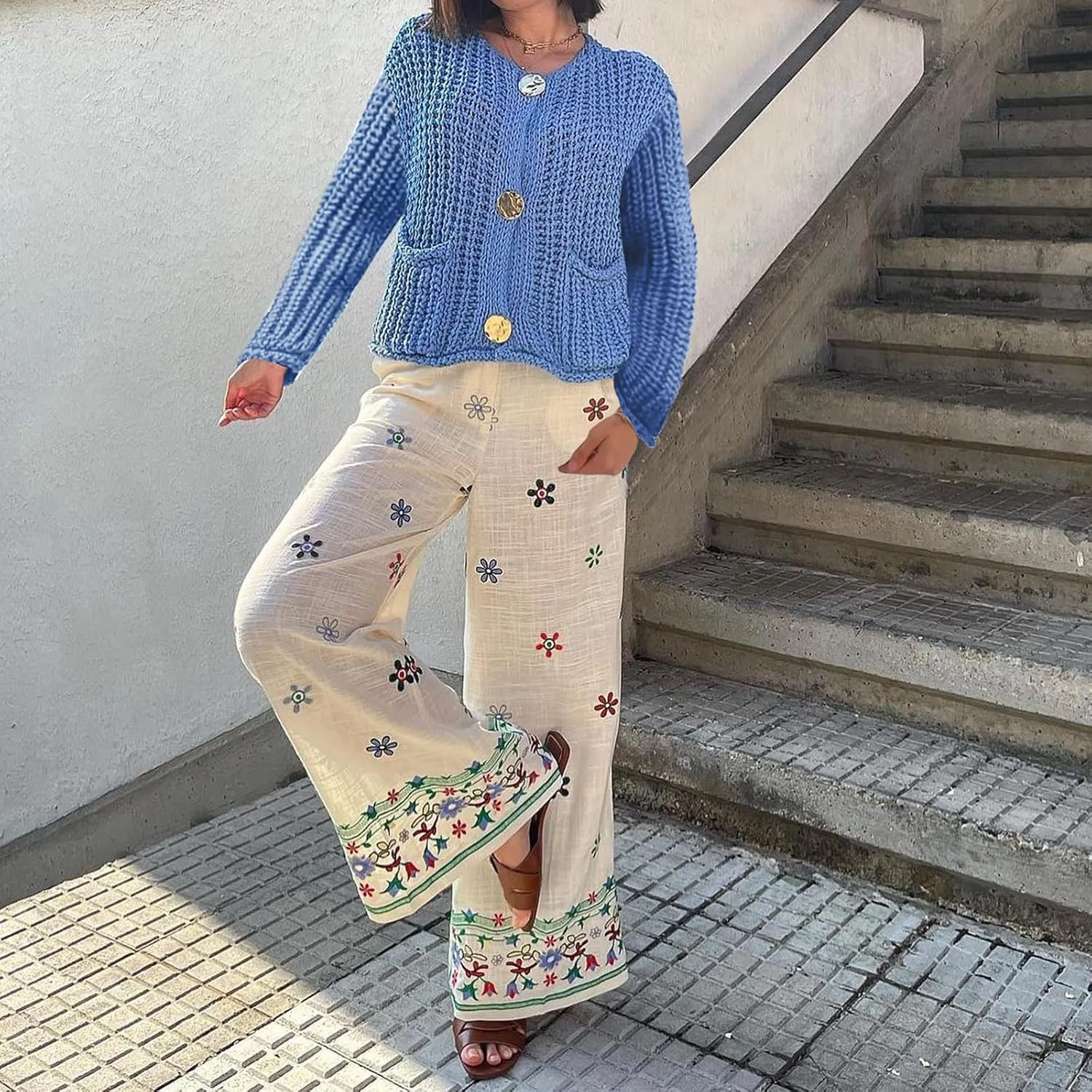 Womens Chunky Knit Cardigan Button Down Open Front Long Sleep Crop Crochet Sweater Solid Pocketed Knitted Outwear