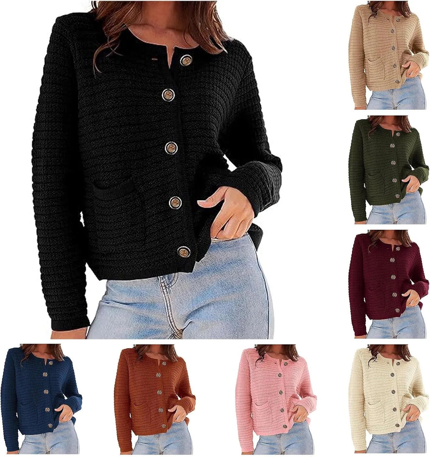 Womens Chunky Knit Cardigan Open Front Button Down Trendy Sweaters Outerwear Long Sleeve Jackets Outerwear