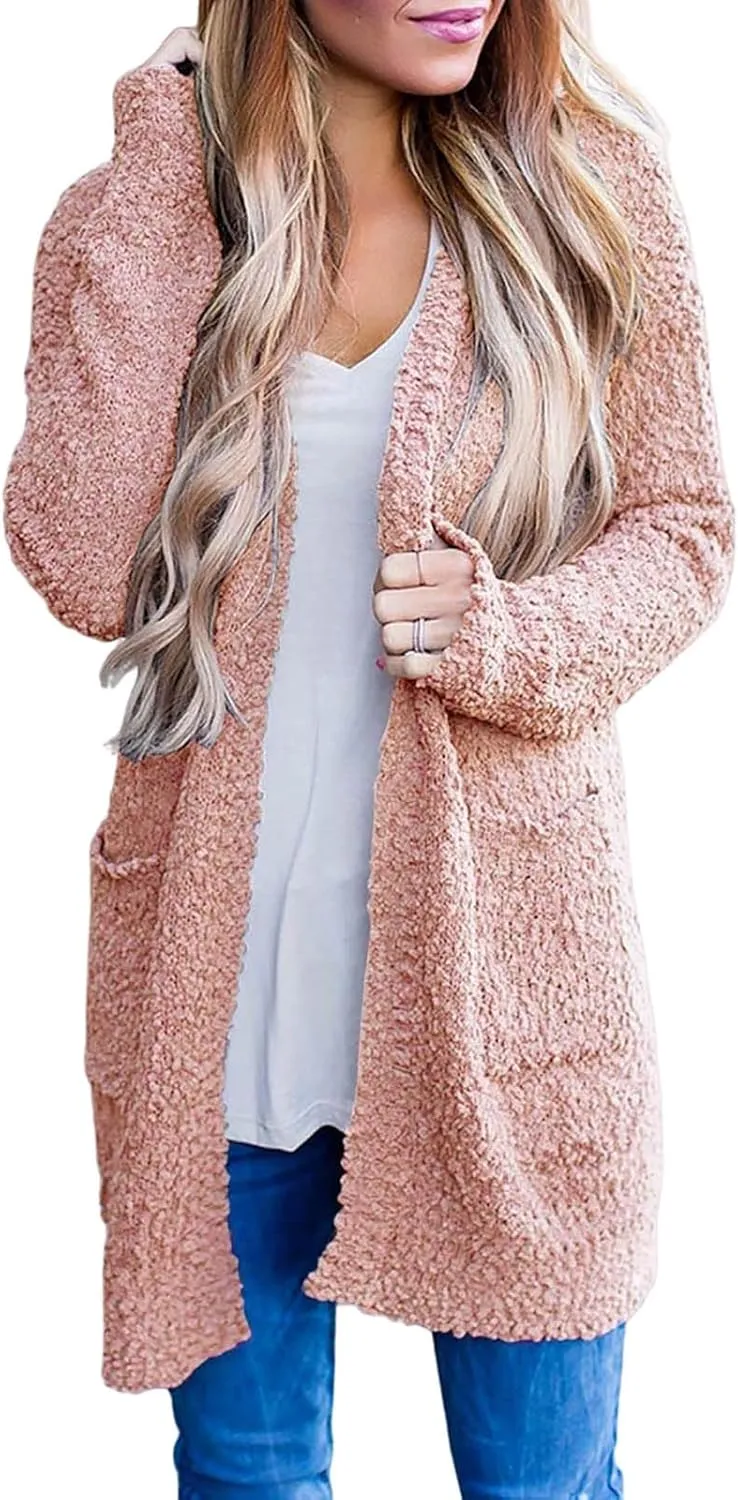Womens Chunky Popcorn Cardigan Open Front Long Sleeve Fuzzy Oversized Boyfriend Batwing Knit Sweaters Coat with Pocket