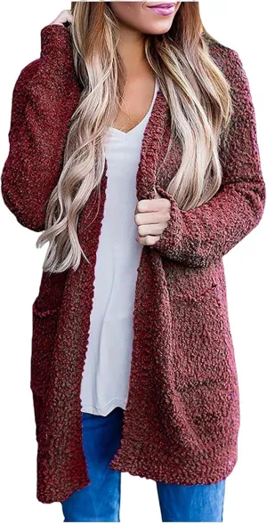 Womens Chunky Popcorn Cardigan Open Front Long Sleeve Fuzzy Oversized Boyfriend Batwing Knit Sweaters Coat with Pocket