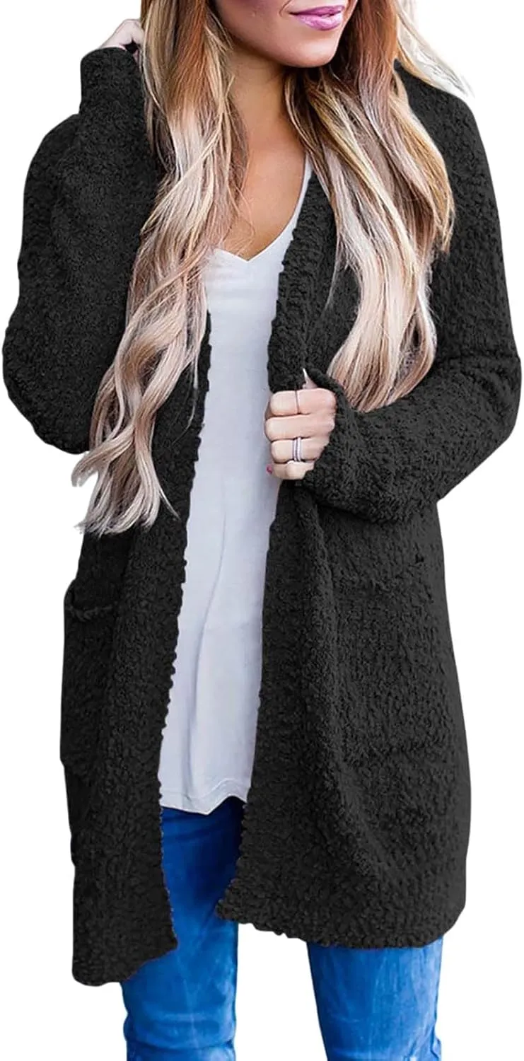 Womens Chunky Popcorn Cardigan Open Front Long Sleeve Fuzzy Oversized Boyfriend Batwing Knit Sweaters Coat with Pocket