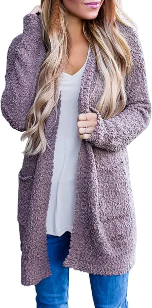 Womens Chunky Popcorn Cardigan Open Front Long Sleeve Fuzzy Oversized Boyfriend Batwing Knit Sweaters Coat with Pocket