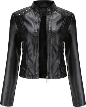 Womens Classic Leather Jackets Long Sleeve Zip Up Jackets Plus Size Moto Biker Fashion Casual Faux Leather Jackets