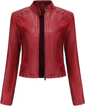 Womens Classic Leather Jackets Long Sleeve Zip Up Jackets Plus Size Moto Biker Fashion Casual Faux Leather Jackets