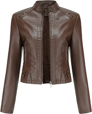 Womens Classic Leather Jackets Long Sleeve Zip Up Jackets Plus Size Moto Biker Fashion Casual Faux Leather Jackets