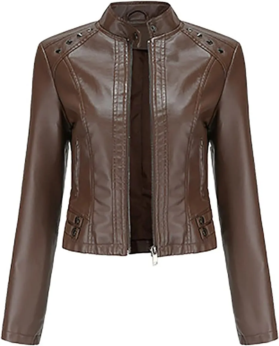 Womens Classic Leather Jackets Long Sleeve Zip Up Jackets Plus Size Moto Biker Fashion Casual Faux Leather Jackets