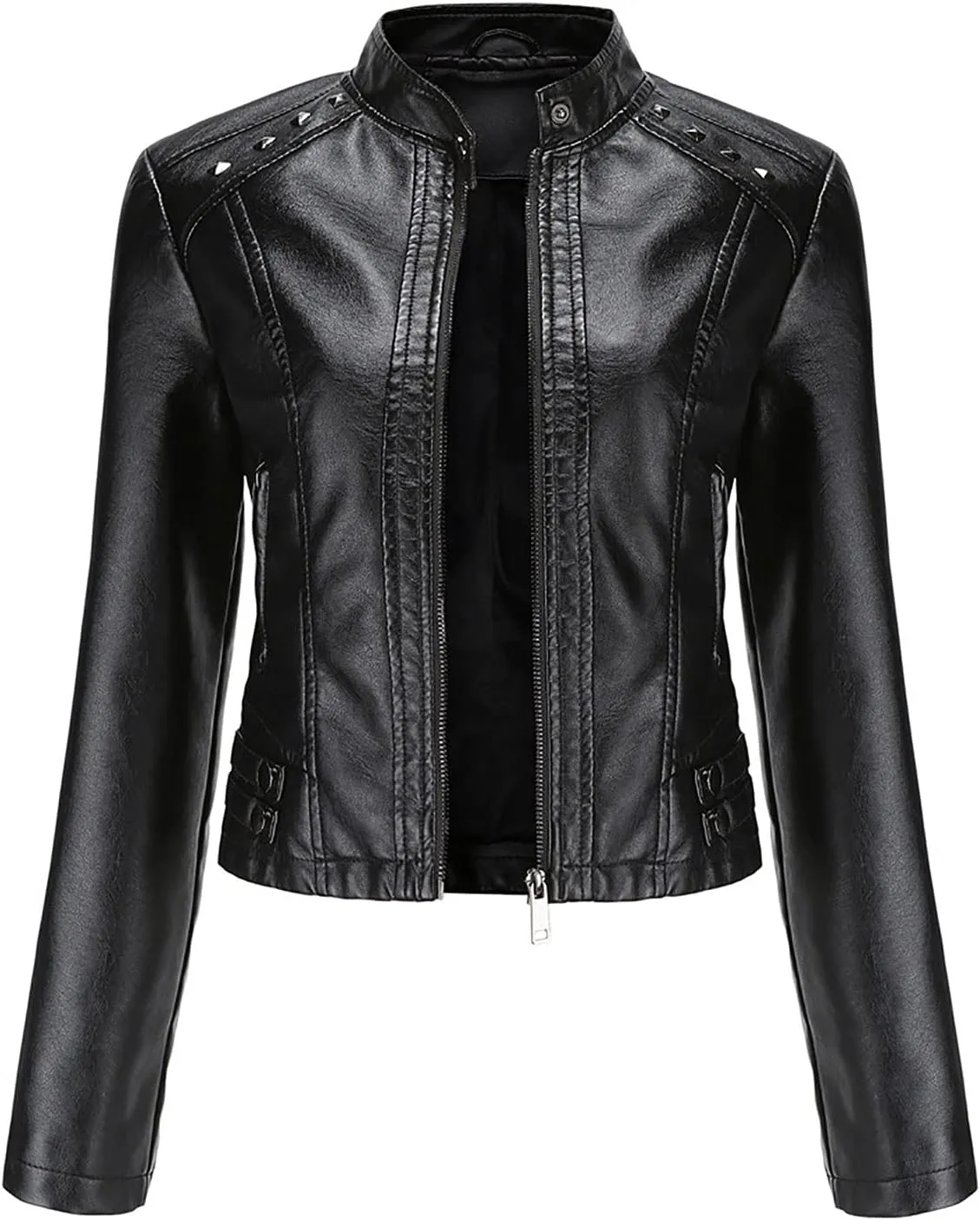 Womens Classic Leather Jackets Long Sleeve Zip Up Jackets Plus Size Moto Biker Fashion Casual Faux Leather Jackets