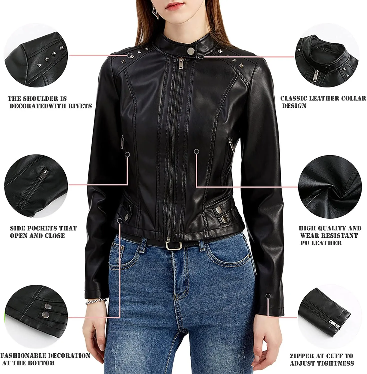 Womens Classic Leather Jackets Long Sleeve Zip Up Jackets Plus Size Moto Biker Fashion Casual Faux Leather Jackets