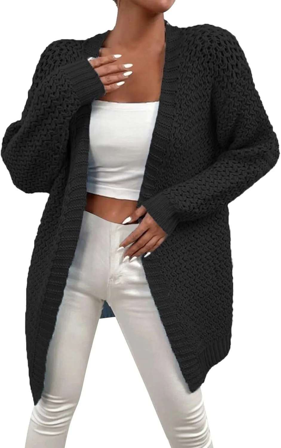 Womens Classic Long Sleeve Knit Cardigan Sweaters Casual Open Front Cardigan Cable Knit Chunky Outwear Lightweight Coats