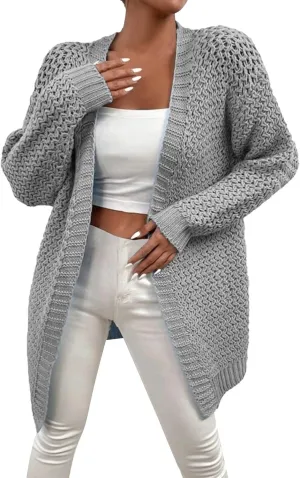 Womens Classic Long Sleeve Knit Cardigan Sweaters Casual Open Front Cardigan Cable Knit Chunky Outwear Lightweight Coats