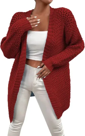 Womens Classic Long Sleeve Knit Cardigan Sweaters Casual Open Front Cardigan Cable Knit Chunky Outwear Lightweight Coats