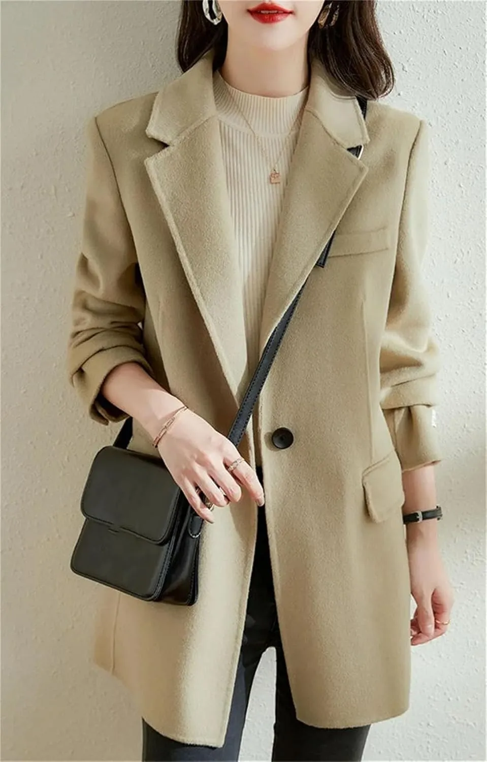 Women's Coats Wool Blend Mid-Length Blazer Woolen Overcoat