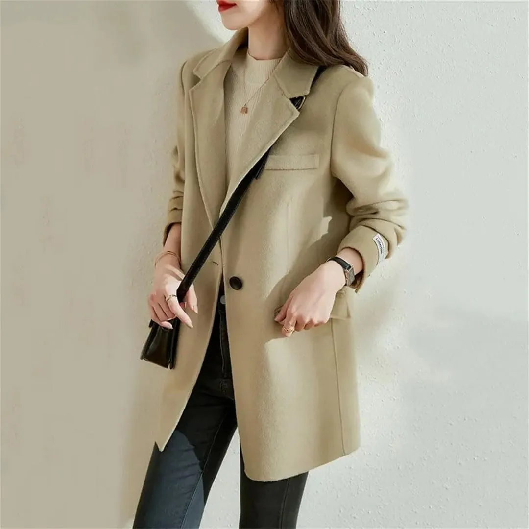 Women's Coats Wool Blend Mid-Length Blazer Woolen Overcoat