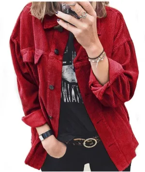 Womens Corduroy Button Down Shacket Long Sleeve Shirt Jacket Casual Jacket Chest Pocket Shirts Fall Winter Warm Shirt