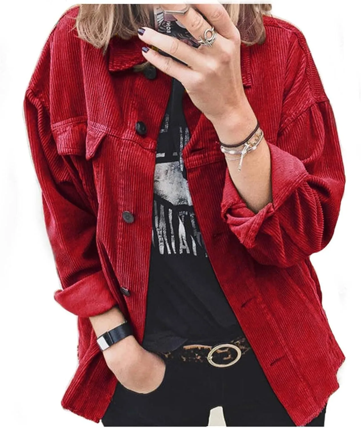 Womens Corduroy Button Down Shacket Long Sleeve Shirt Jacket Casual Jacket Chest Pocket Shirts Fall Winter Warm Shirt