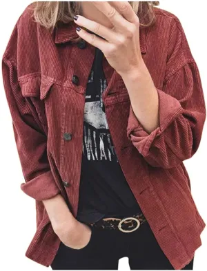 Womens Corduroy Button Down Shacket Long Sleeve Shirt Jacket Casual Jacket Chest Pocket Shirts Fall Winter Warm Shirt
