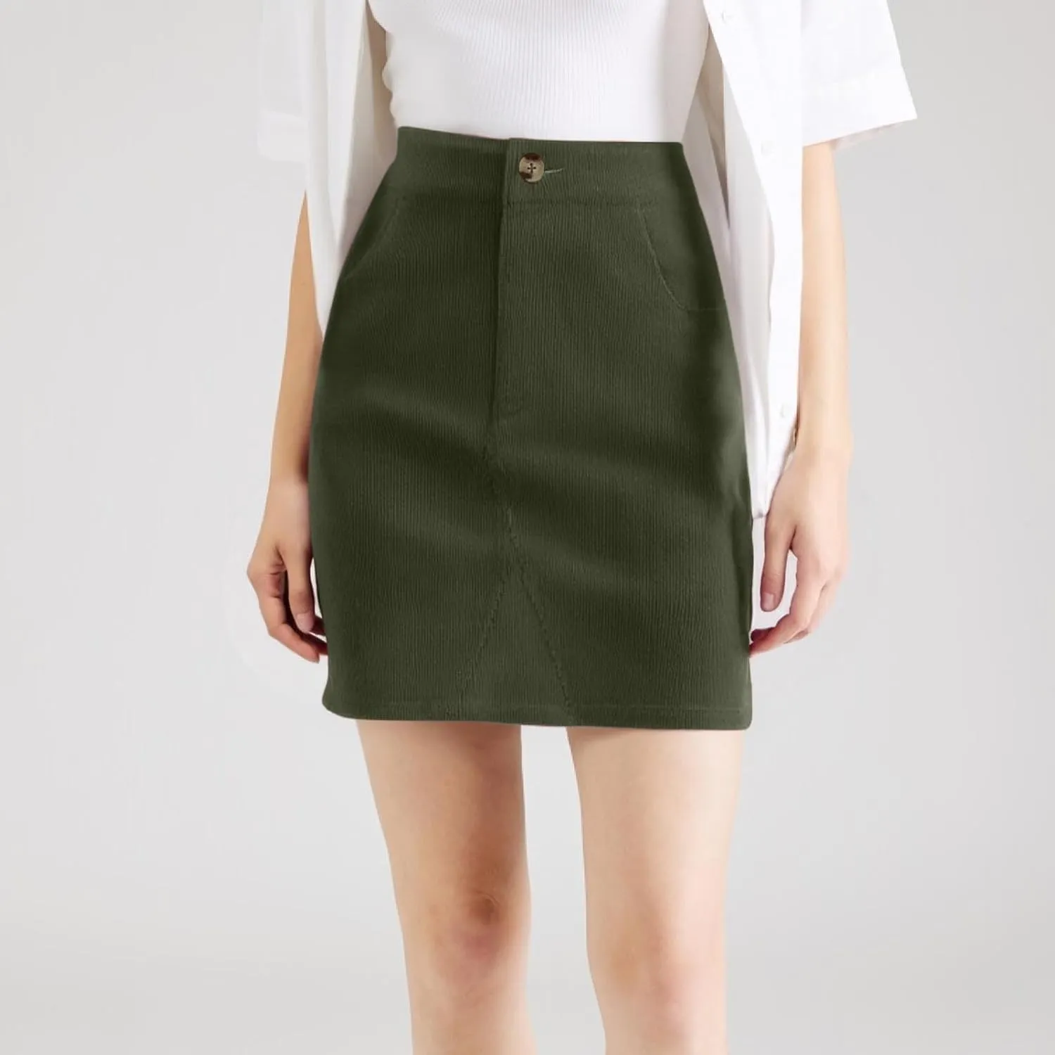 Women's Corduroy Mini Skirt with Pockets Casual High Waisted Button Slim Fit Skirts A-line Bodycon Short Pencil Skirts