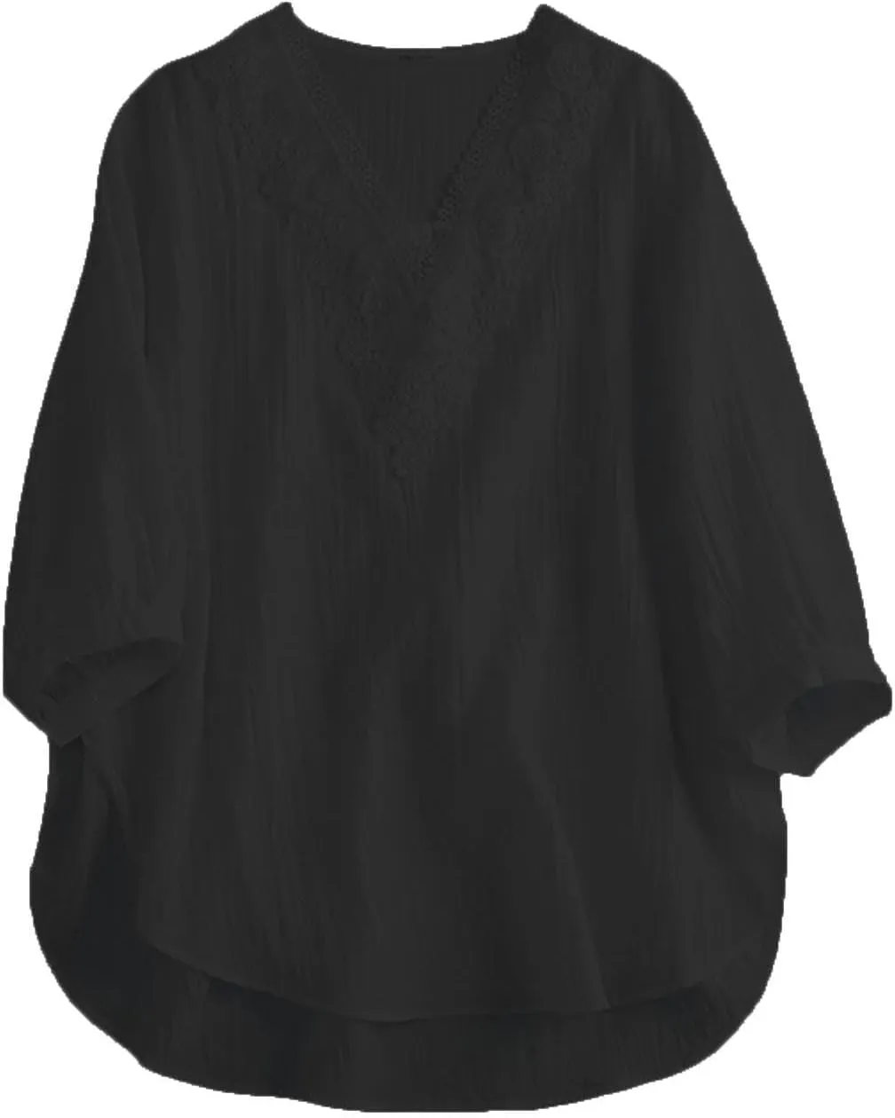 Women's Cotton Linen Embroidered Blouse Summer Floral Lace V-Neck Tunic Top Vintage Boho Short Sleeve Hi-Low Hem Shirts
