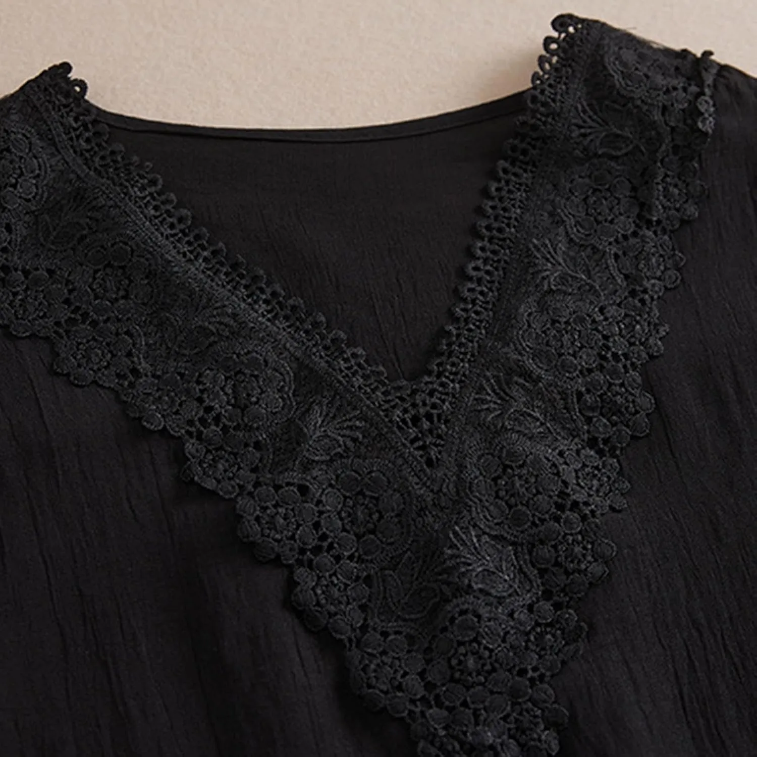 Women's Cotton Linen Embroidered Blouse Summer Floral Lace V-Neck Tunic Top Vintage Boho Short Sleeve Hi-Low Hem Shirts