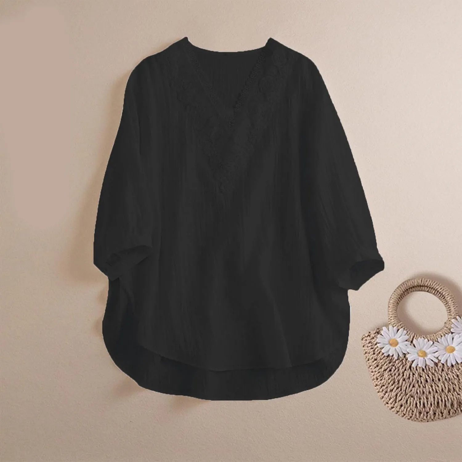 Women's Cotton Linen Embroidered Blouse Summer Floral Lace V-Neck Tunic Top Vintage Boho Short Sleeve Hi-Low Hem Shirts