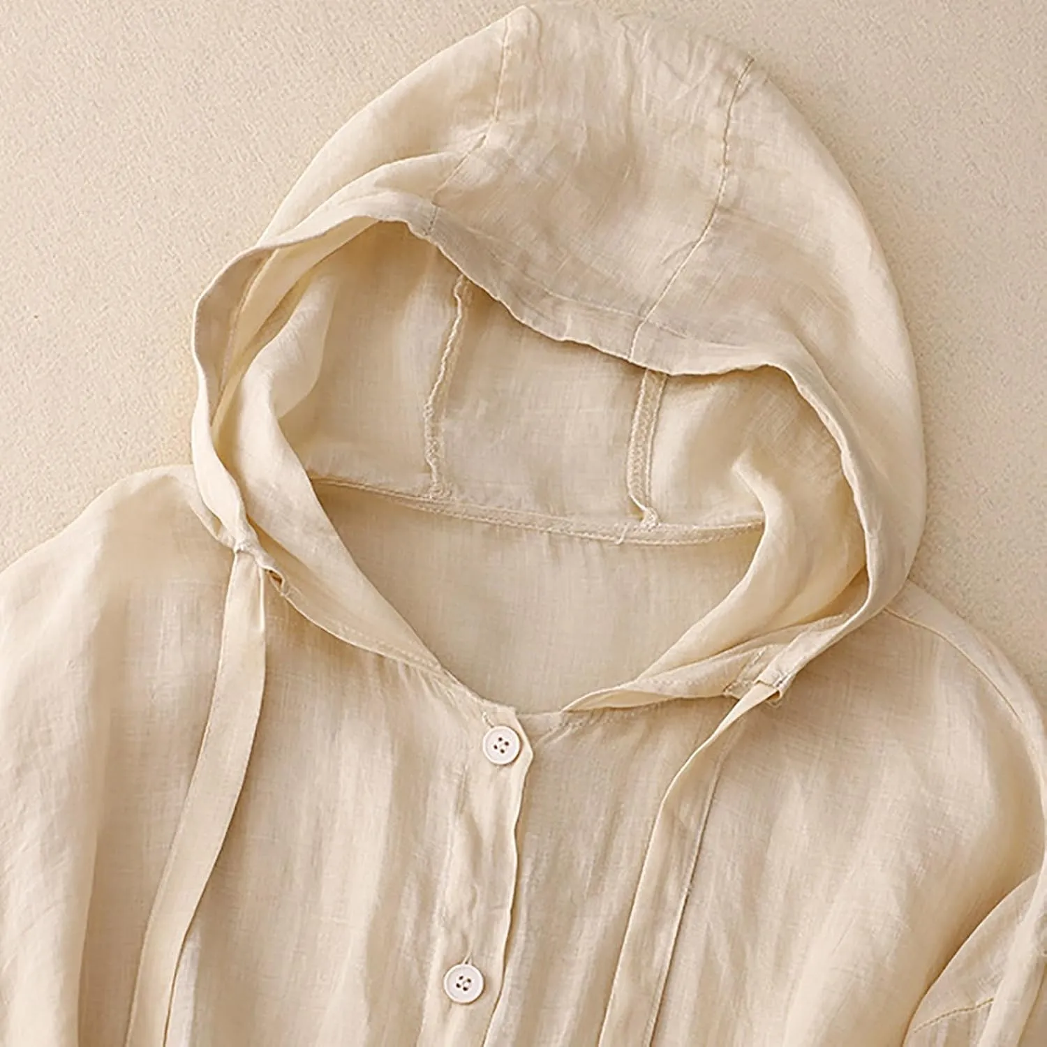 Women's Cotton Linen Swim Cover Up Sun Protection Hooded Long Sleeve Button Blouse UPF Lightweight Drawstring Beach Top