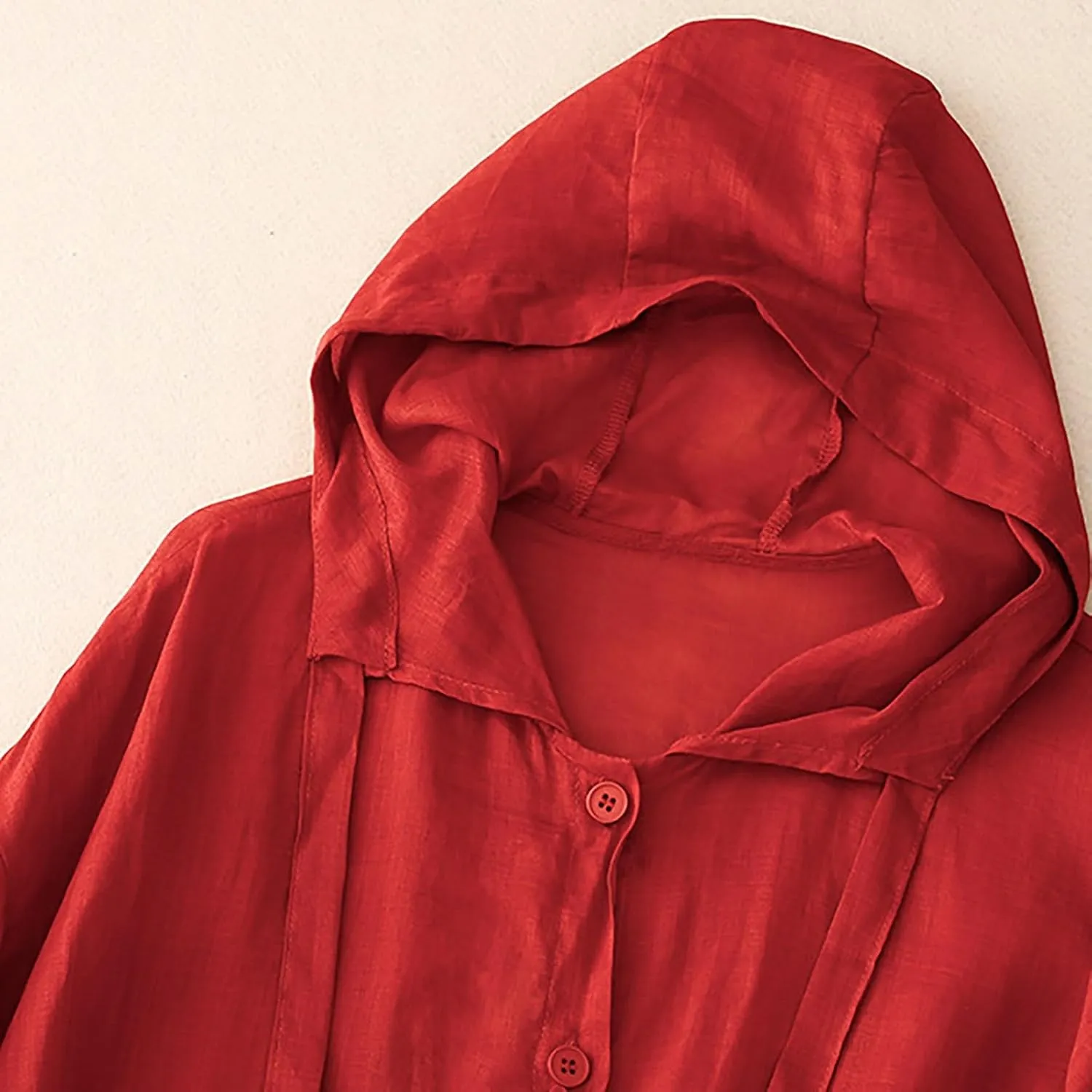 Women's Cotton Linen Swim Cover Up Sun Protection Hooded Long Sleeve Button Blouse UPF Lightweight Drawstring Beach Top