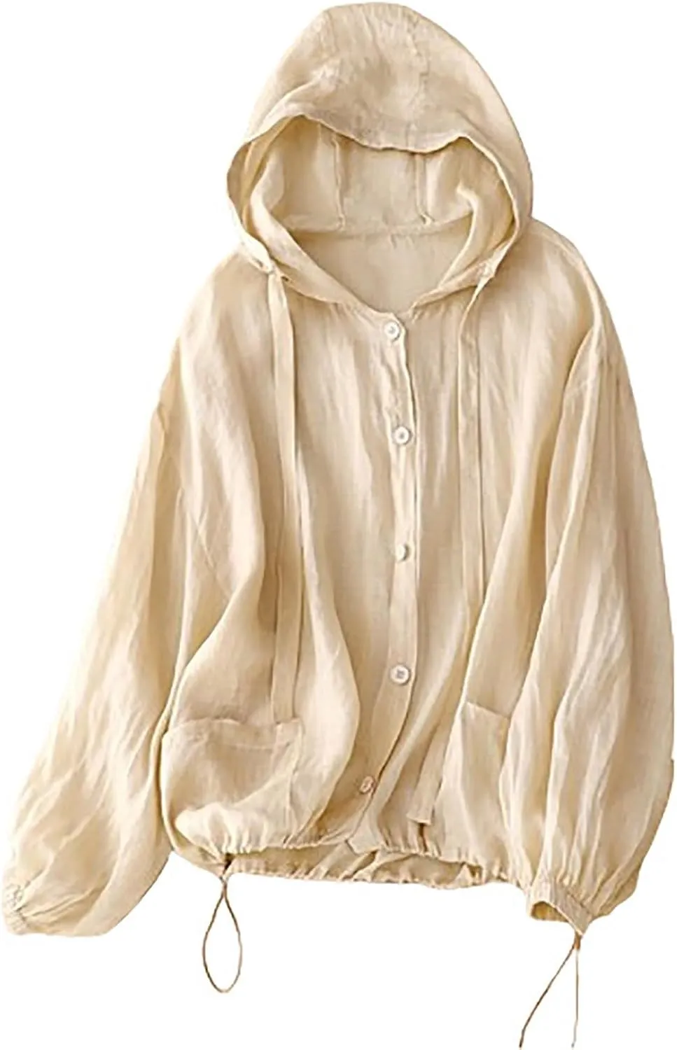 Women's Cotton Linen Swim Cover Up Sun Protection Hooded Long Sleeve Button Blouse UPF Lightweight Drawstring Beach Top