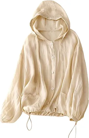 Women's Cotton Linen Swim Cover Up Sun Protection Hooded Long Sleeve Button Blouse UPF Lightweight Drawstring Beach Top