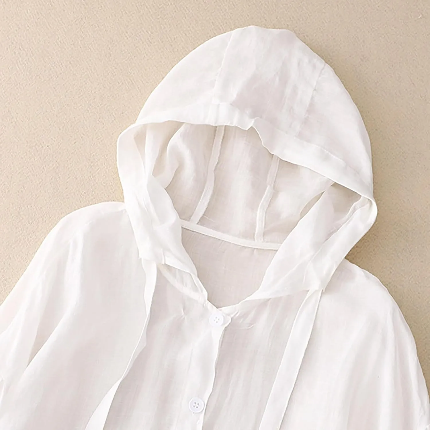 Women's Cotton Linen Swim Cover Up Sun Protection Hooded Long Sleeve Button Blouse UPF Lightweight Drawstring Beach Top