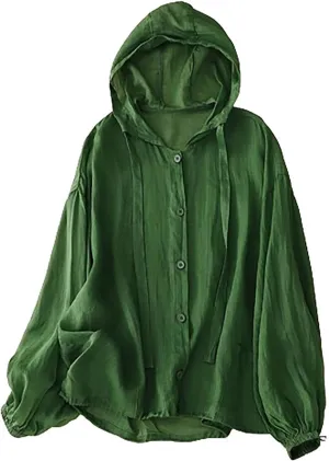 Women's Cotton Linen Swim Cover Up Sun Protection Hooded Long Sleeve Button Blouse UPF Lightweight Drawstring Beach Top