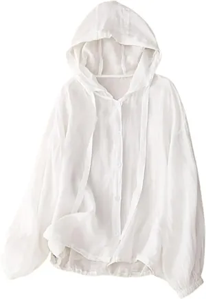 Women's Cotton Linen Swim Cover Up Sun Protection Hooded Long Sleeve Button Blouse UPF Lightweight Drawstring Beach Top