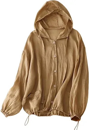 Women's Cotton Linen Swim Cover Up Sun Protection Hooded Long Sleeve Button Blouse UPF Lightweight Drawstring Beach Top