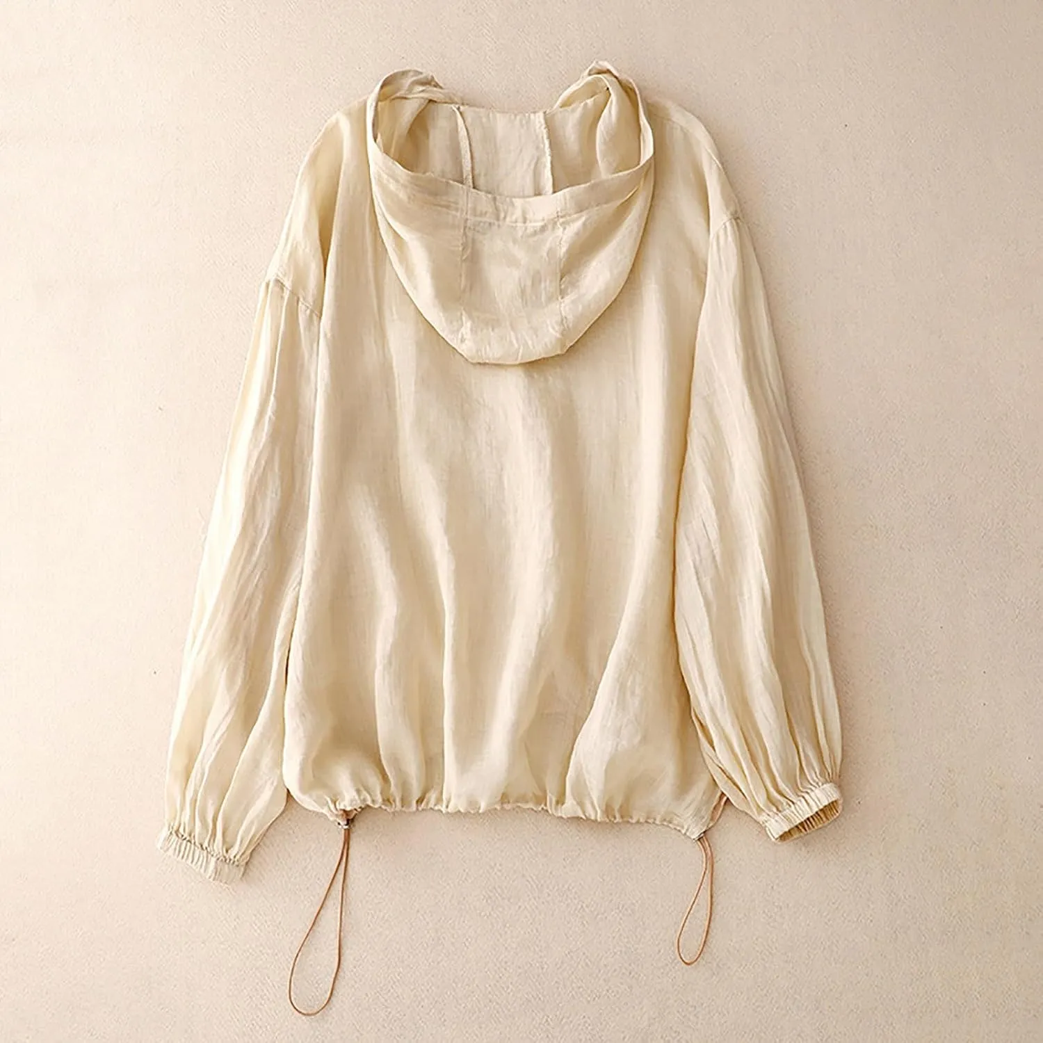 Women's Cotton Linen Swim Cover Up Sun Protection Hooded Long Sleeve Button Blouse UPF Lightweight Drawstring Beach Top