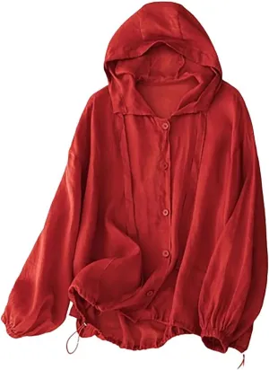 Women's Cotton Linen Swim Cover Up Sun Protection Hooded Long Sleeve Button Blouse UPF Lightweight Drawstring Beach Top