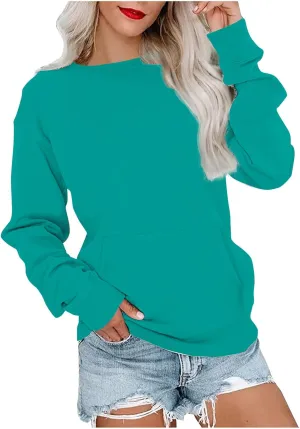 Womens Crewneck Sweatshirt with Pockets Long Sleeve Tunic Tops Oversized Pullover Sweater Cute Hoodies for Teen Girls
