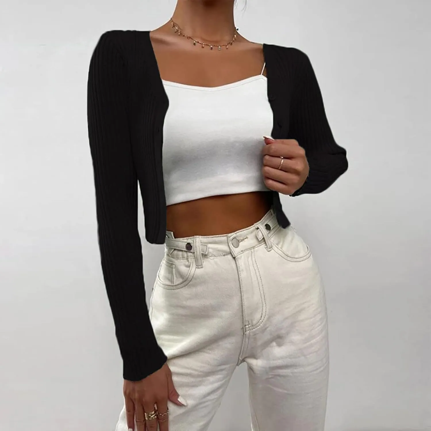 Womens Cropped Cardigan Long Sleeve Lightweight Crochet Knit Sweater Tops Cardigan Sweater 2023 Fall Open Front Shirts