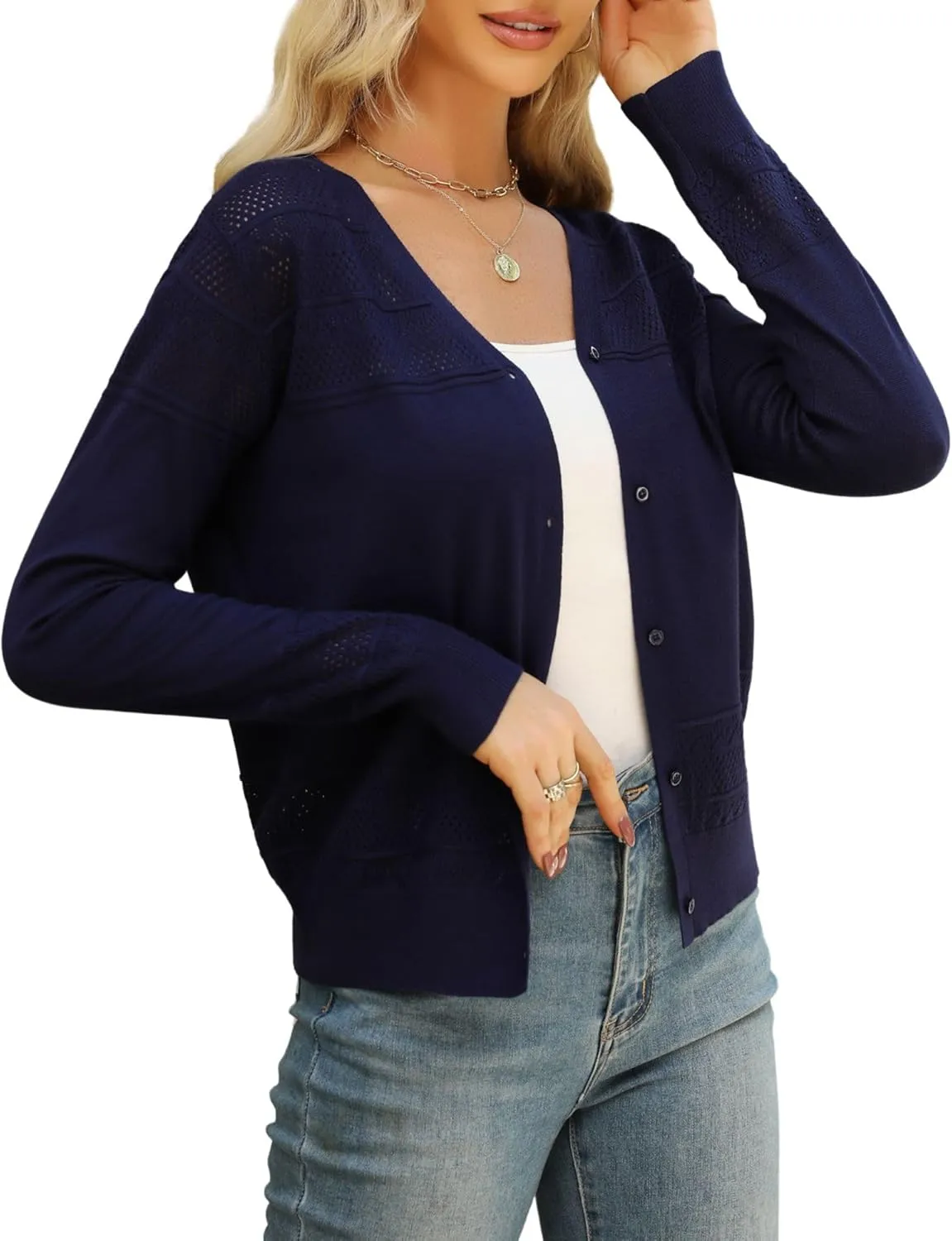 Women's Cropped Cardigan Sweaters Long Sleeve V-Neck Button Down Lightweight Sweaters